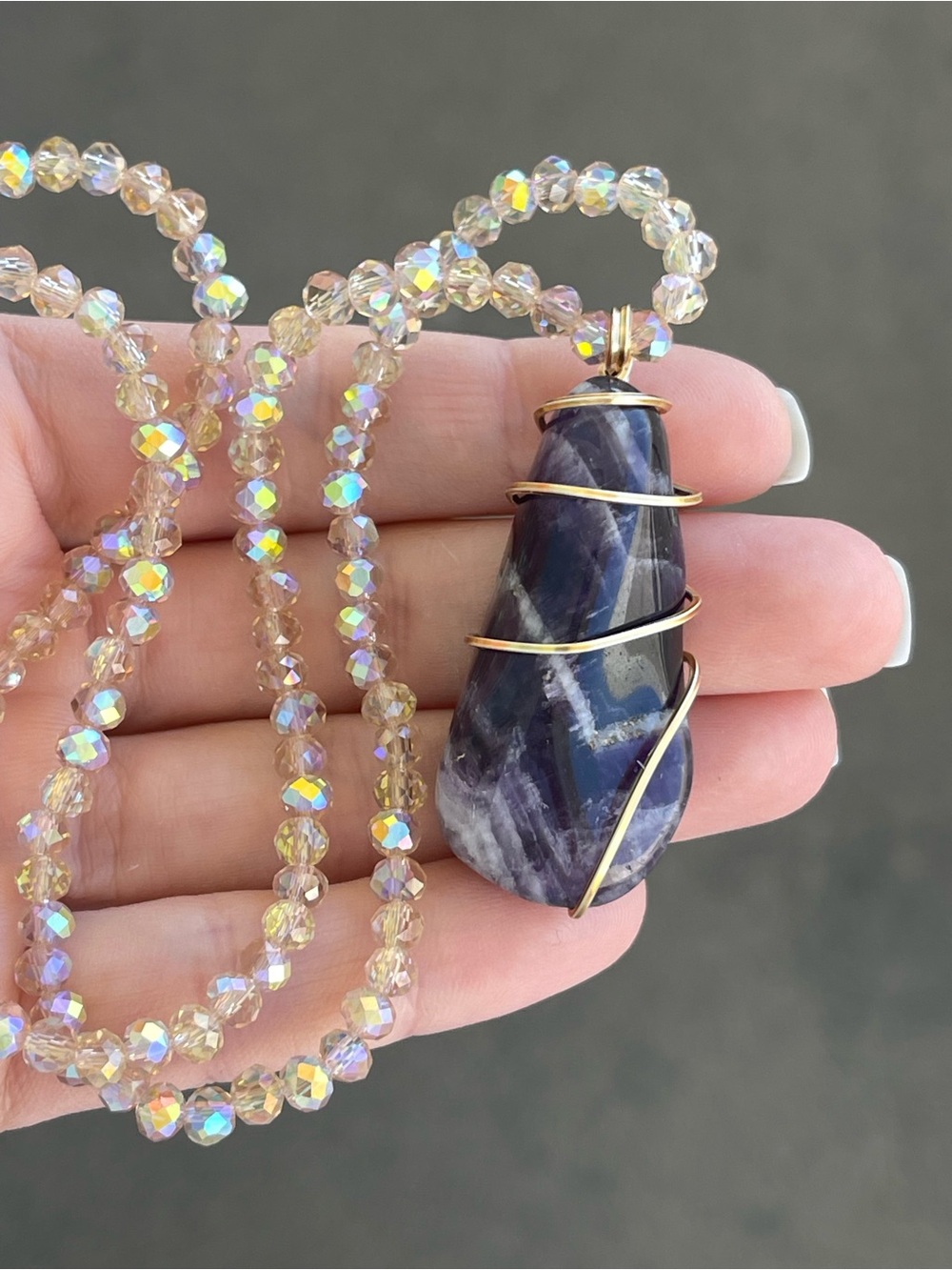 Amethyst Gold Tone Wire Wrap Necklace on Champagne Glass Beaded Chain Handmade